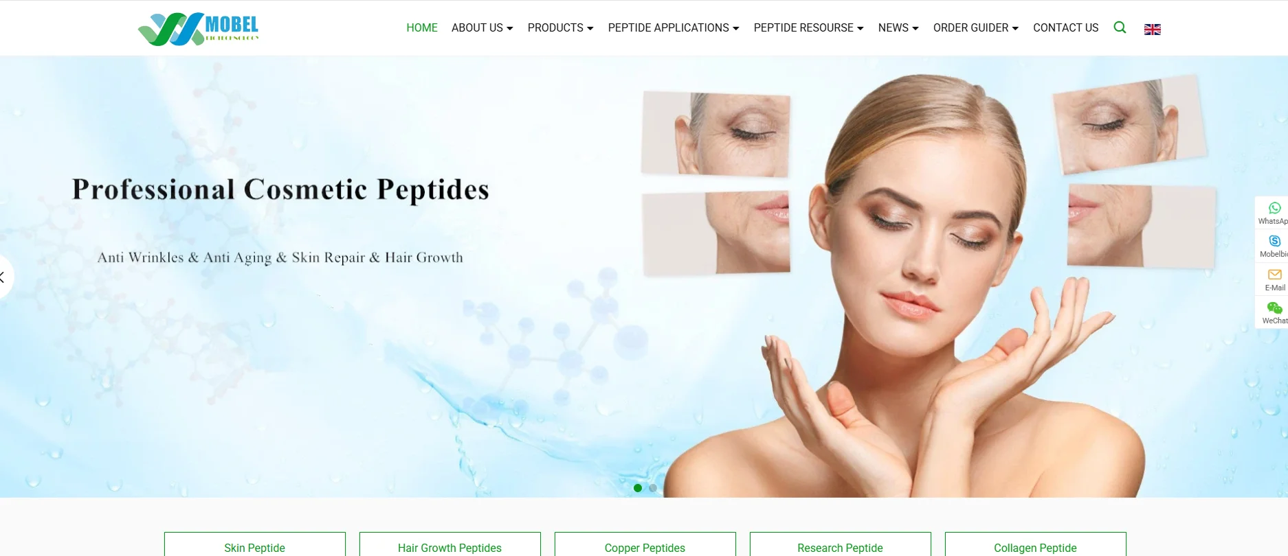 Website banner promoting cosmetic peptides for skincare, offering anti-aging and skin repair solutions on a blue molecular-themed background.